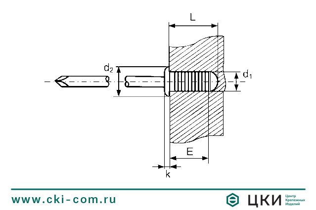 Заклёпка тяговая (DA RF) алюминий-сталь c плоским бортиком рифлёная чертеж