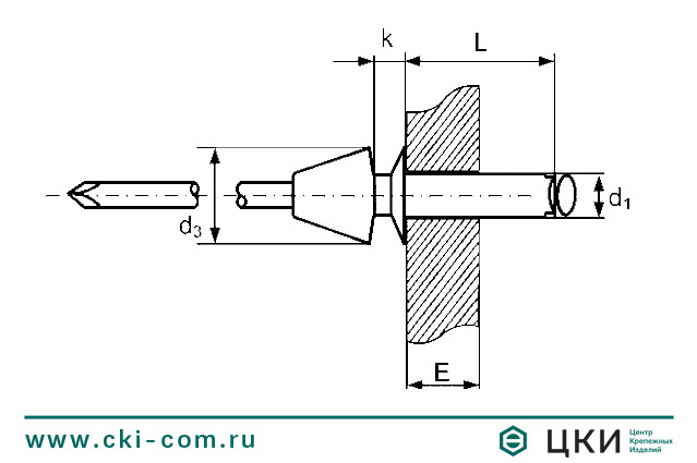 Заклёпка тяговая DA PTL 3,0 алюминий сталь петлевидная коническая чертёж