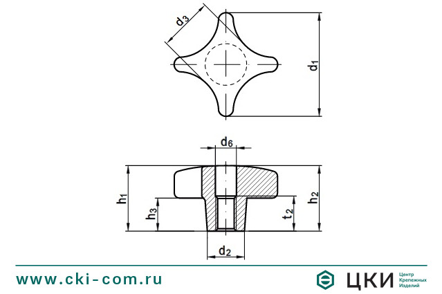 Ручка крестообразная DIN 6335 тип D чертёж