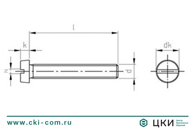 Винт DIN 84 с цилиндрической головкой и прямым шлицем (чертёж)