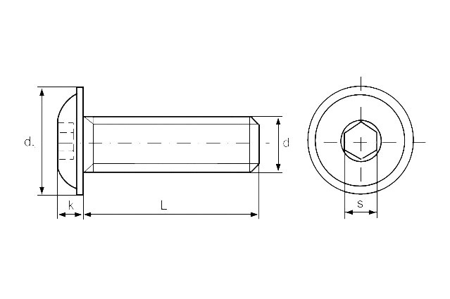 Винт ISO 7380-2 с полукруглой головкой с буртом и шестигранным углублением